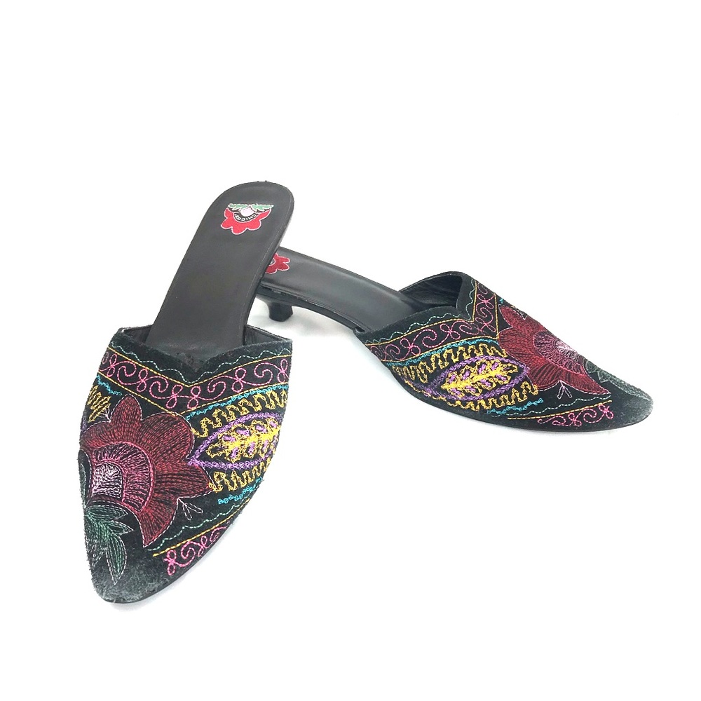 Black Embroidered suede mules kitten heel 11